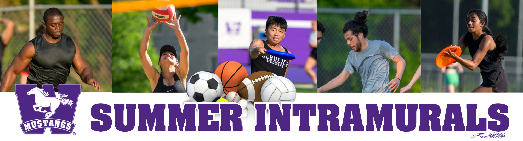 Students playing different intramural sports. Winter Intramurals. Western Mustangs logo. Purple Bar. Cartoon sports balls.